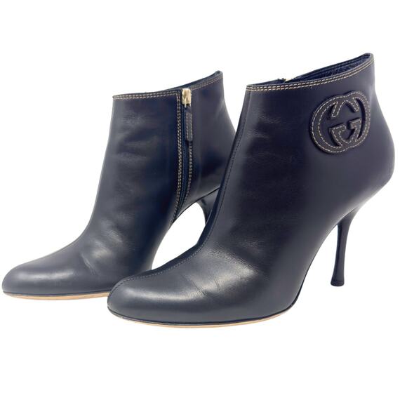 Gucci GG Logo Interlocking Monogram Black Leather High Heels Ankle Boots US 7.5 - Picture 2 of 13